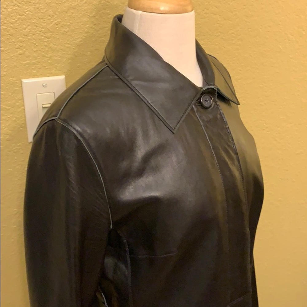 EXPRESS Black Leather Long Jacket Coat 9/10 - Picture 5 of 8